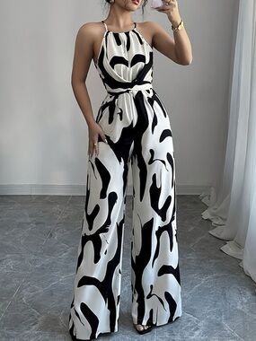 Monochrome Halter Wide-Leg Jumpsuit in Black & White